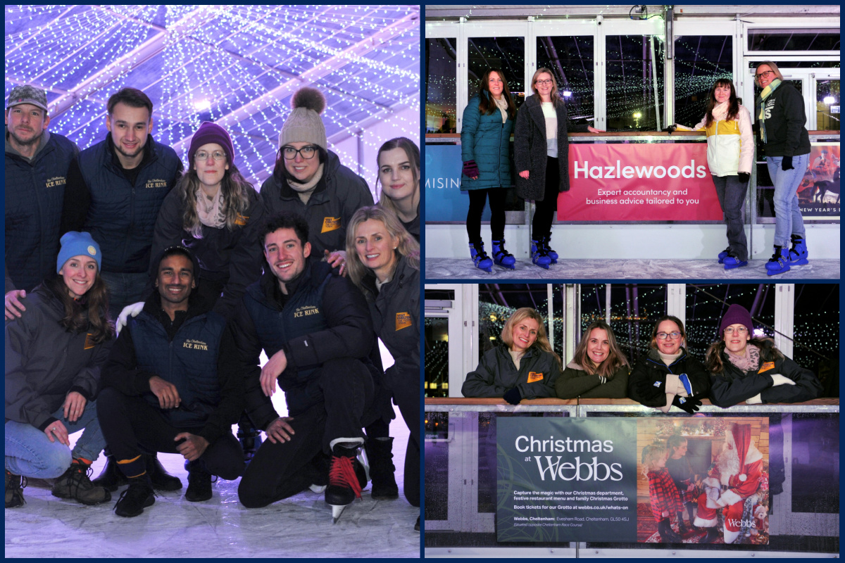 Collage of images of Cheltenham Ice Rink and Marketing Cheltenham team, Hazlewoods team, Webbs team. Photographed by Mikal Ludlow Photography.